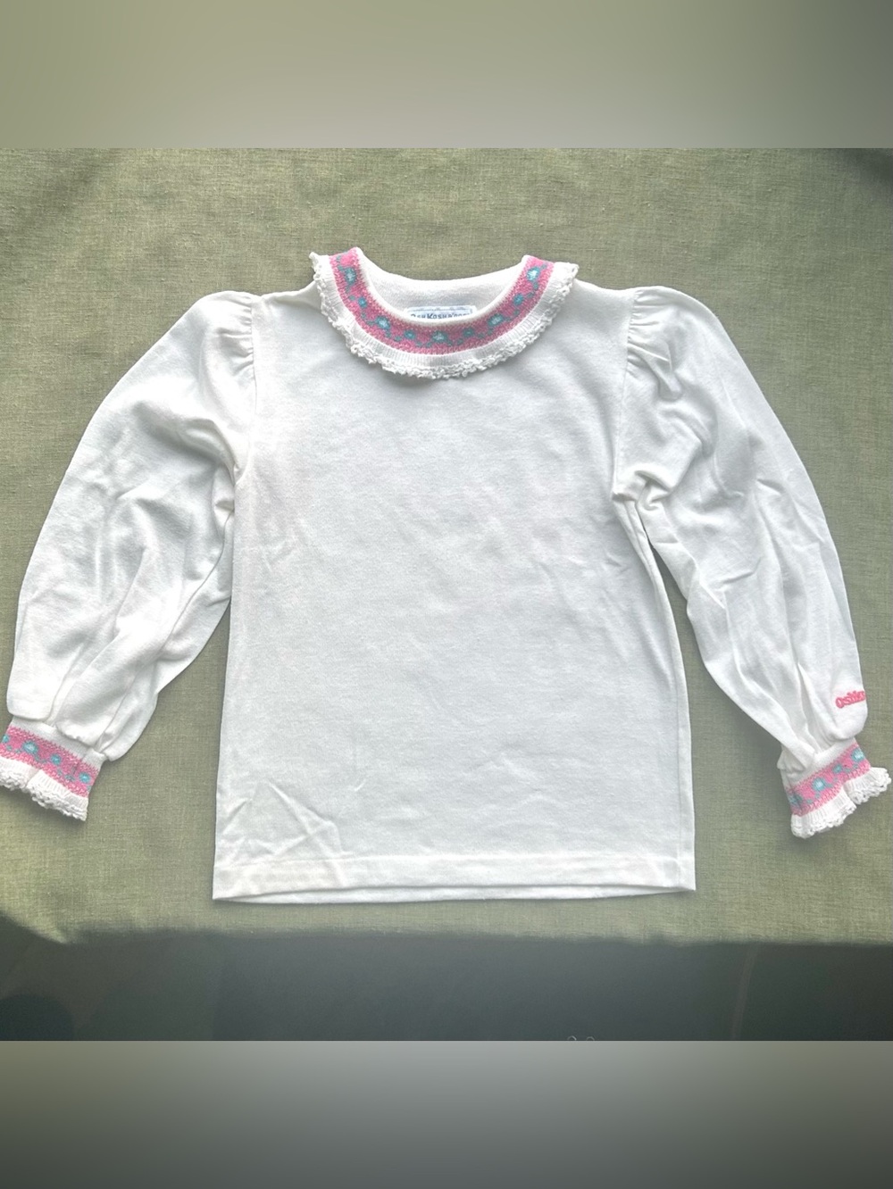 OSH KOSH B’GOSH vintage (NEW) long sleeve white knit ten k with pink/turquoise.